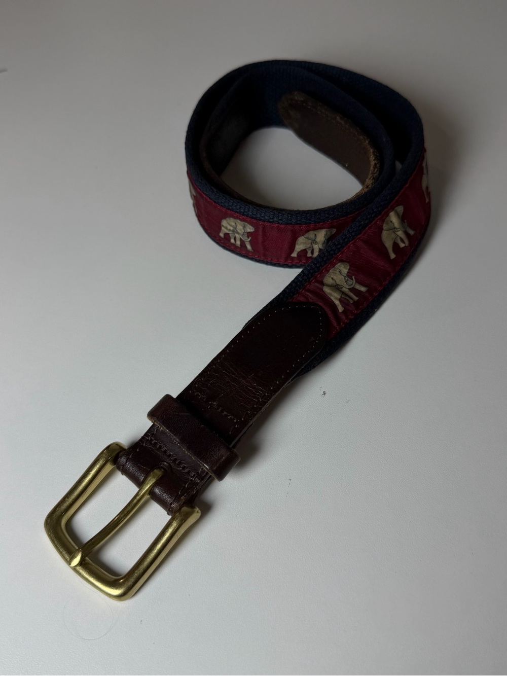 Vineyard Vines 30W Burgundy Elephant Canvas Belt with Brown Leather Brass Buckle